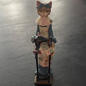 Hand-Painted Cat Sewing Figurine in Blue and Pink